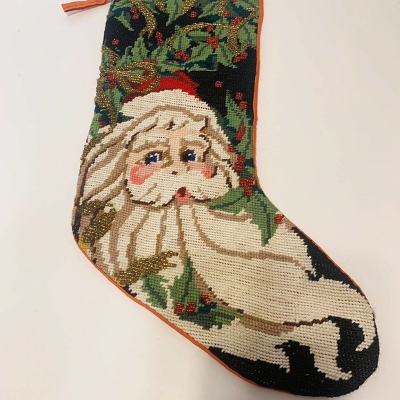 Vintage Needlepoint Santa Christmas Stocking Embroidered Beaded 20 inch - Picture 4 of 4